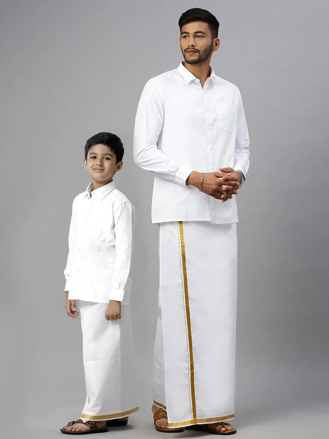 Like Father Like Son Full Sleeves White Shirt Dhoti Set Combo