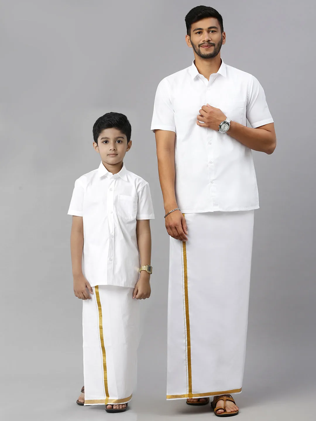 Like Father Like Son Half Sleeves White Shirt Dhoti Set Combo