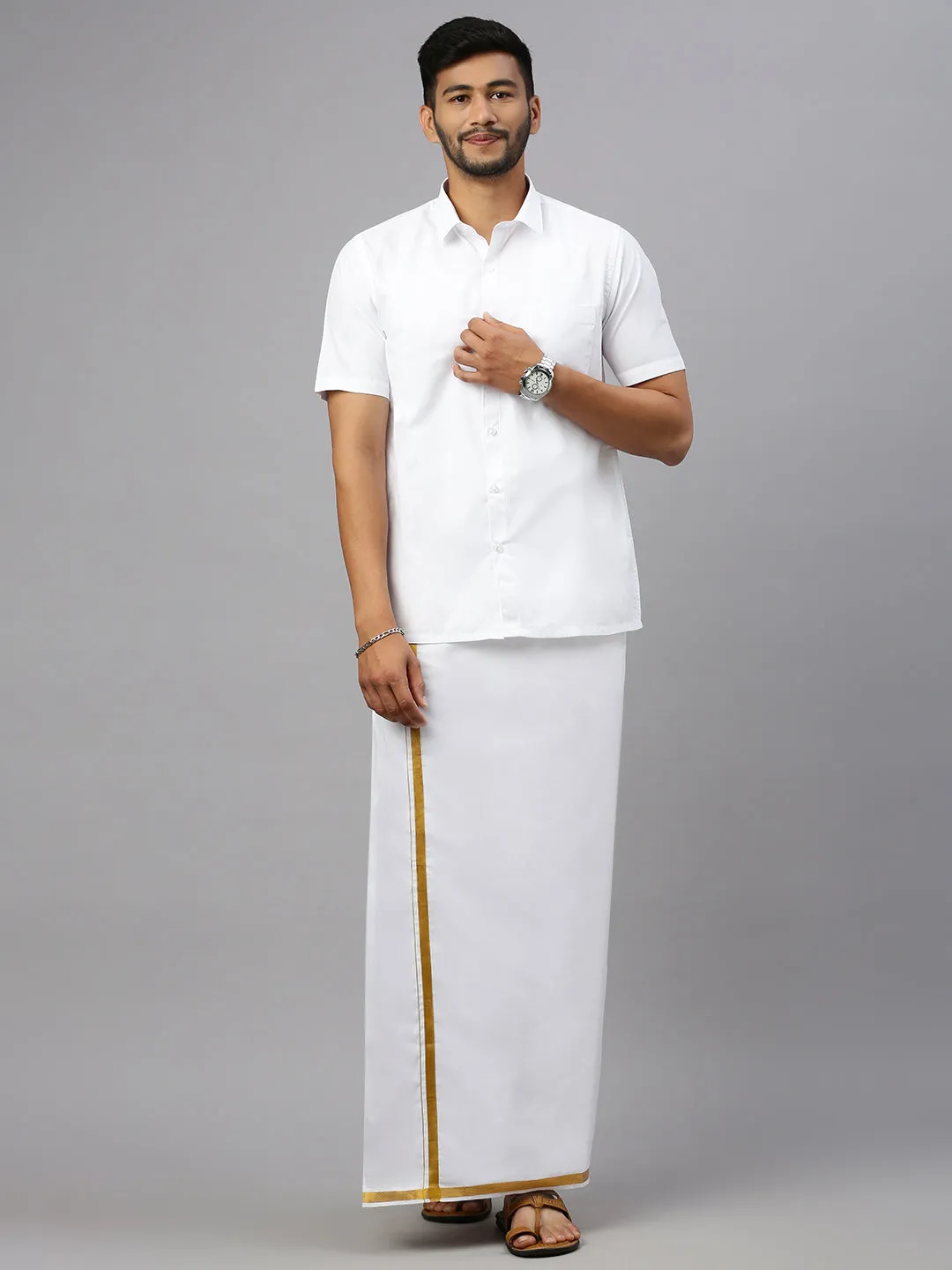 Like Father Like Son Half Sleeves White Shirt Dhoti Set Combo