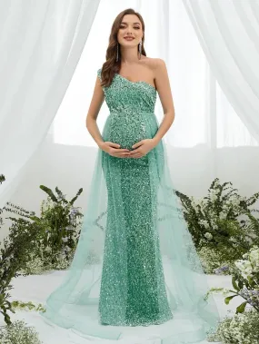 Maternity One Shoulder Mesh Overlay Sequin Party Dress