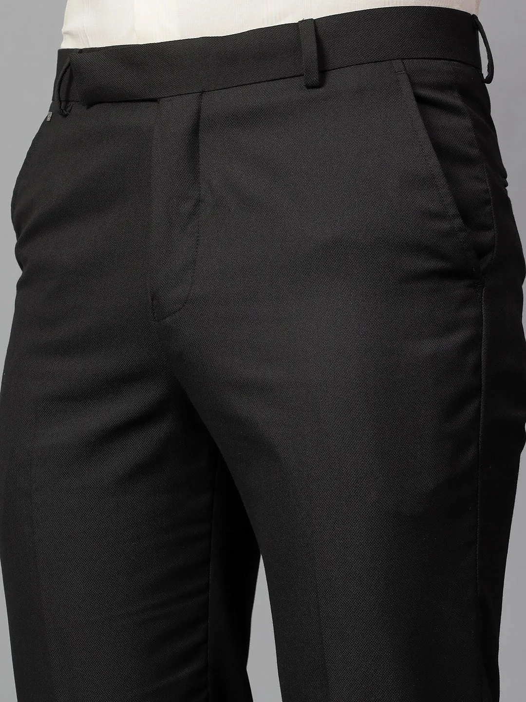 Men's Black Self Design Non-Pleated Formal Trouser