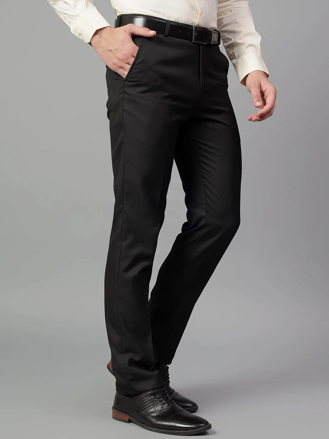 Men's Black Self Design Non-Pleated Formal Trouser