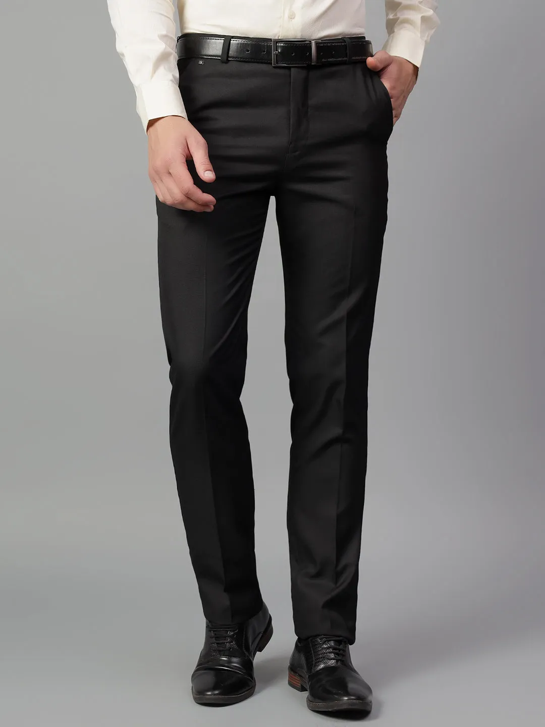 Men's Black Self Design Non-Pleated Formal Trouser