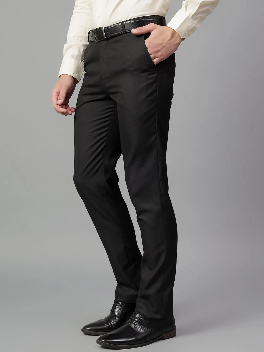 Men's Black Self Design Non-Pleated Formal Trouser