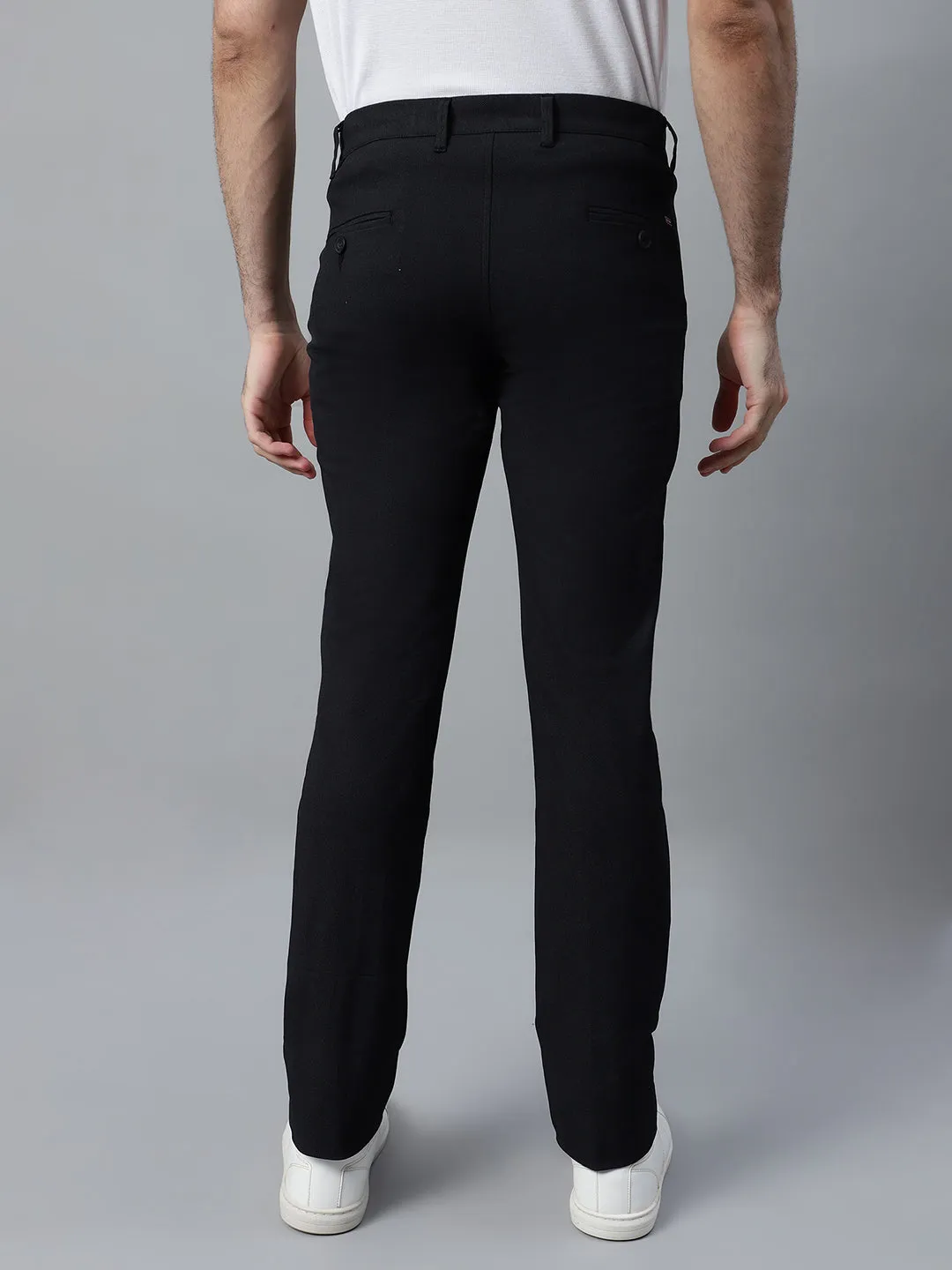 Men's Black Self Design Non-Pleated Stretchable Casual Trouser