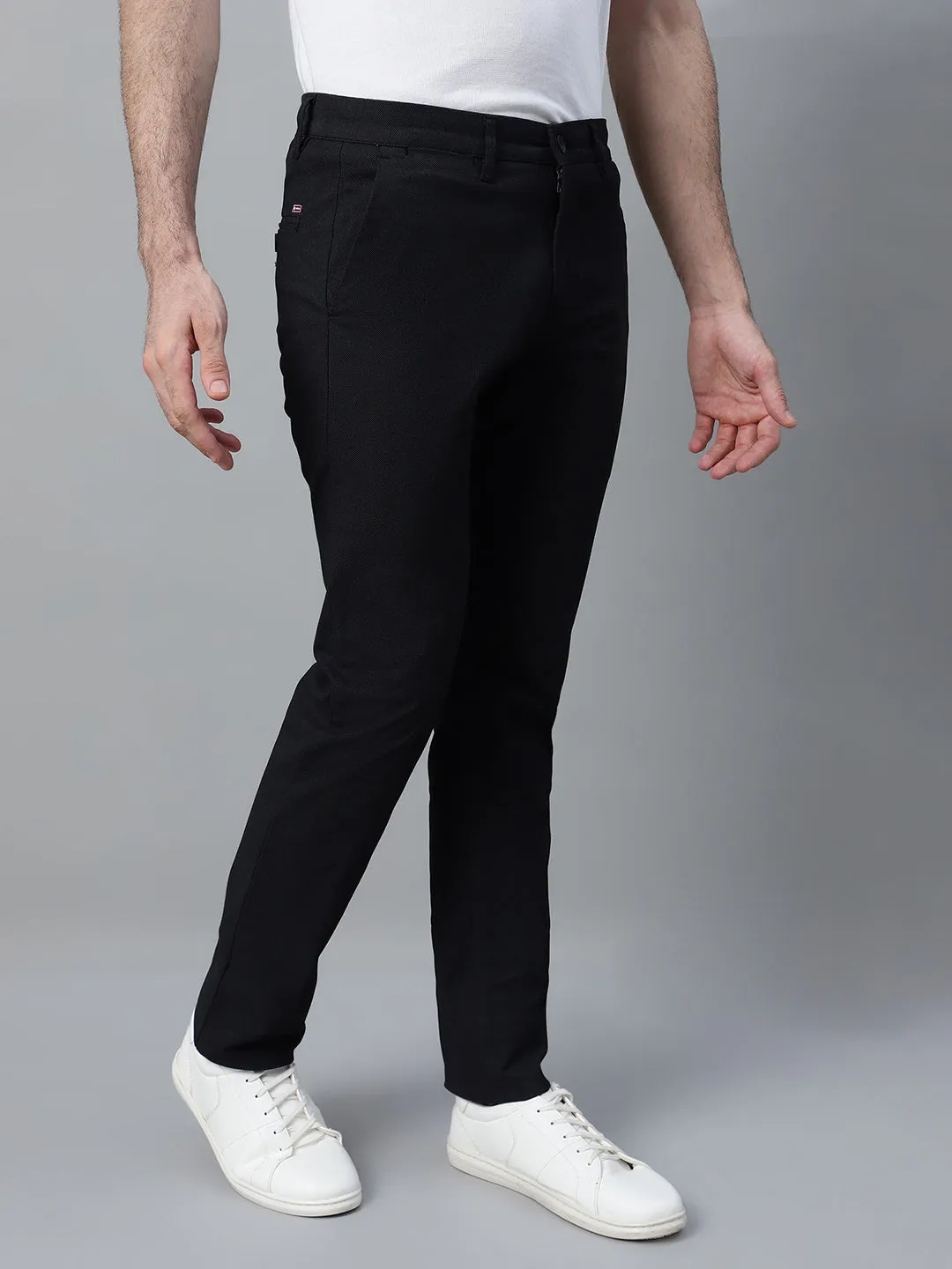 Men's Black Self Design Non-Pleated Stretchable Casual Trouser