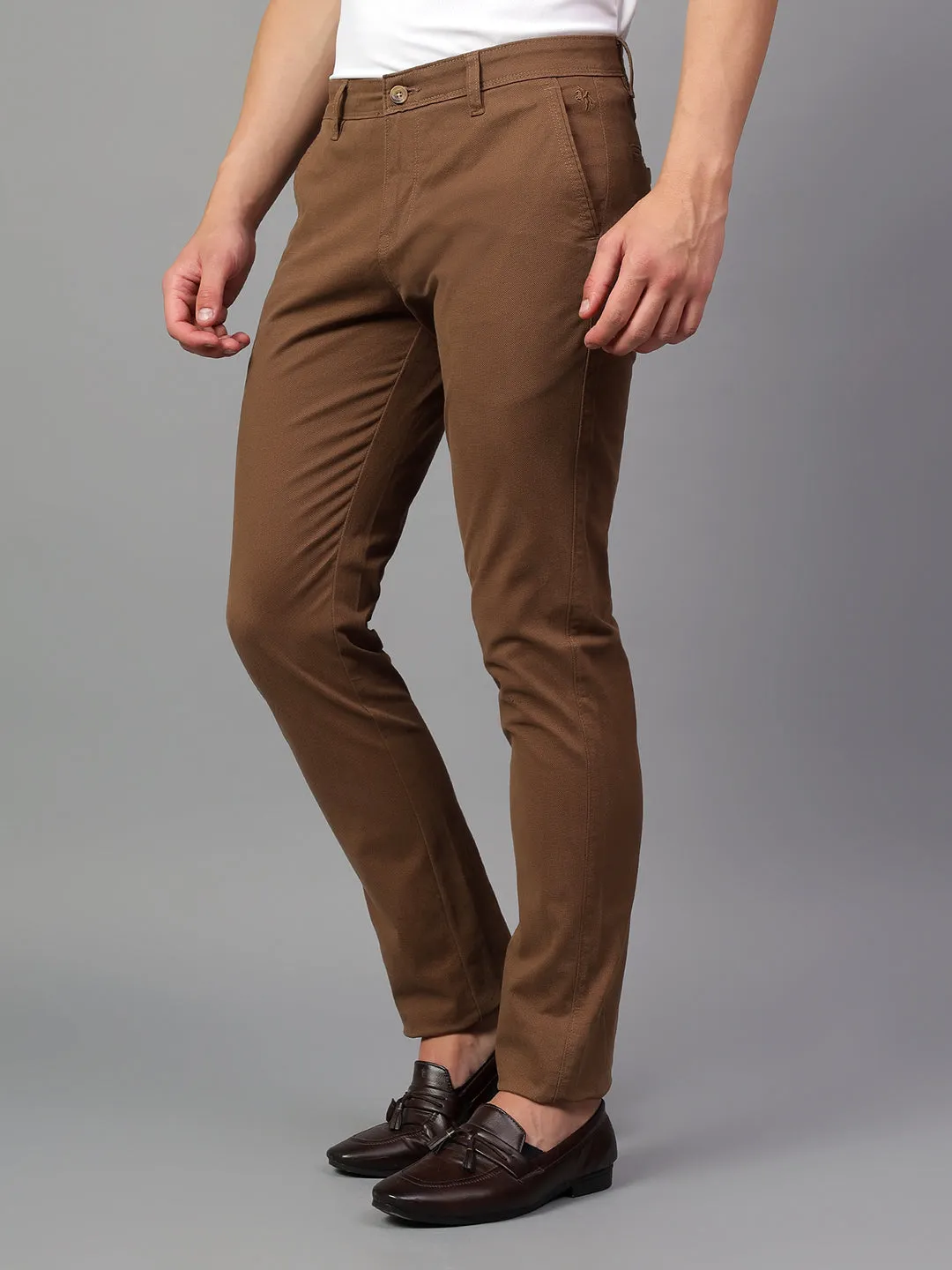 Men's Brown Self Design Non-Pleated Casual Trouser