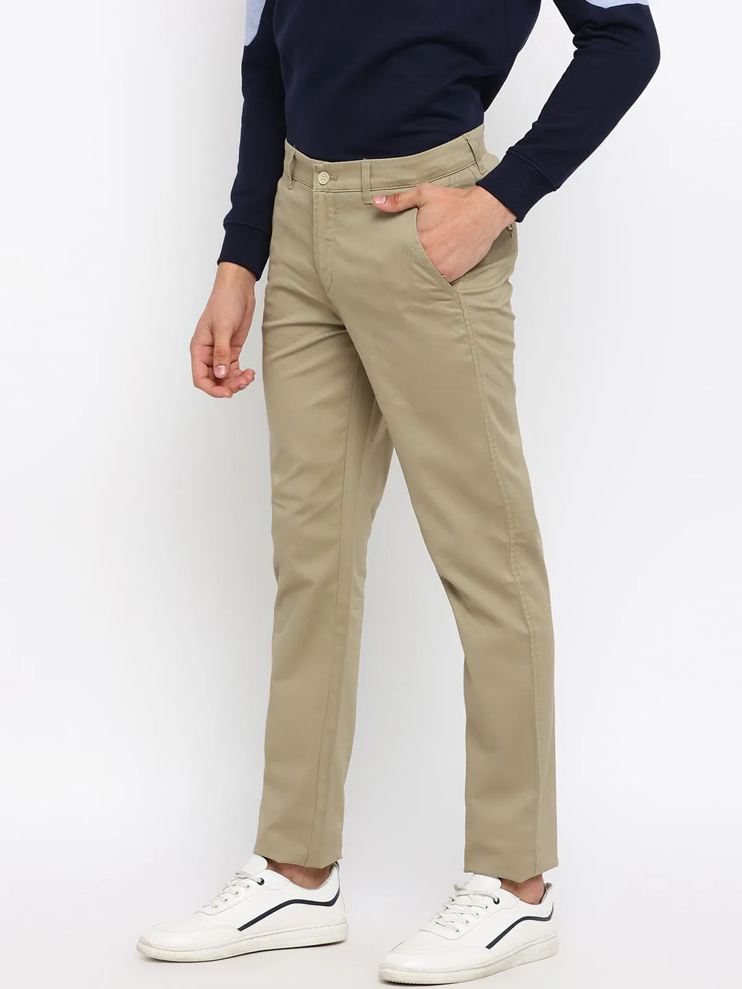 Men's Casual Flat front Beige  Trousers