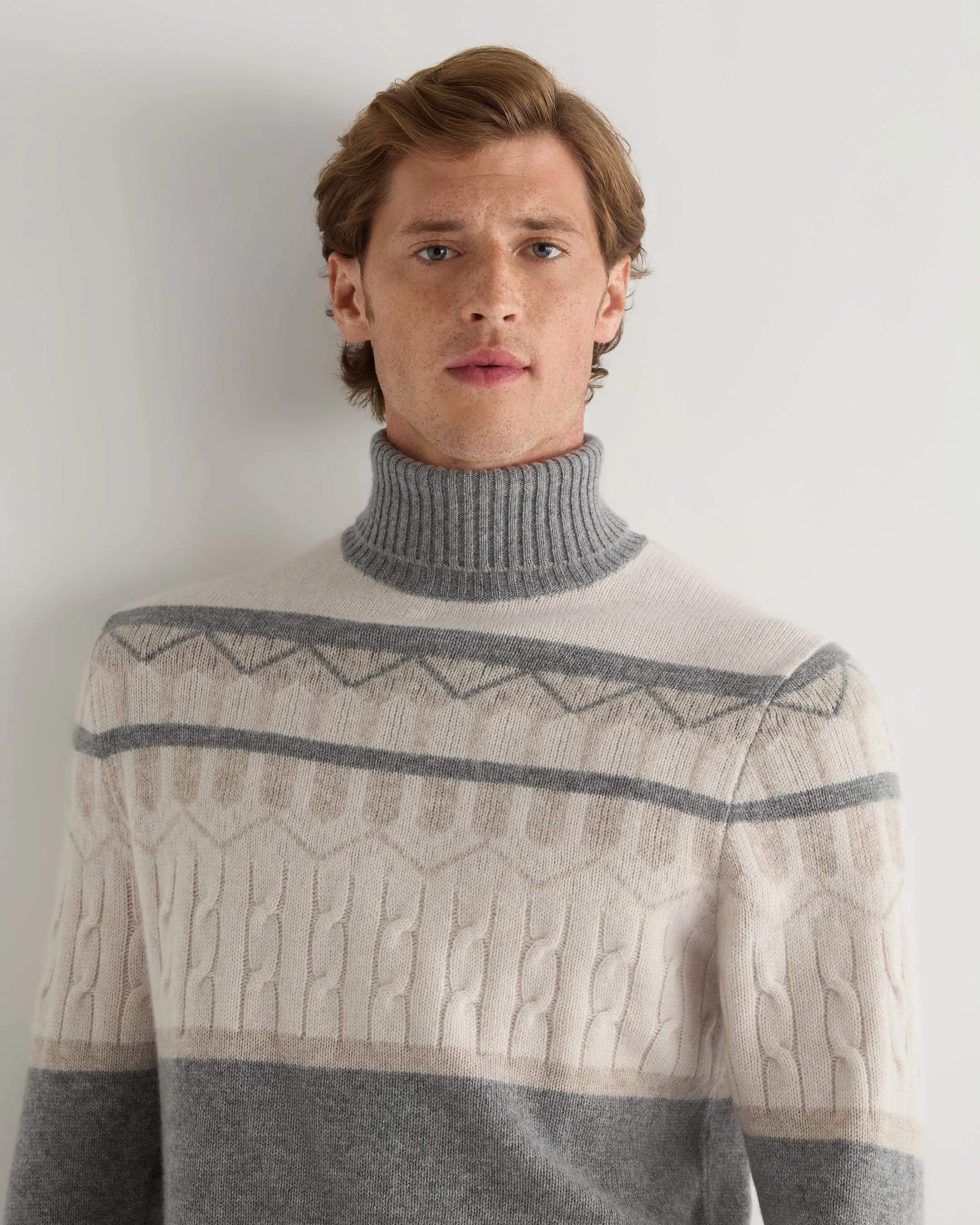 Men's Jacquard Roll Neck Cashmere Jumper Frost White