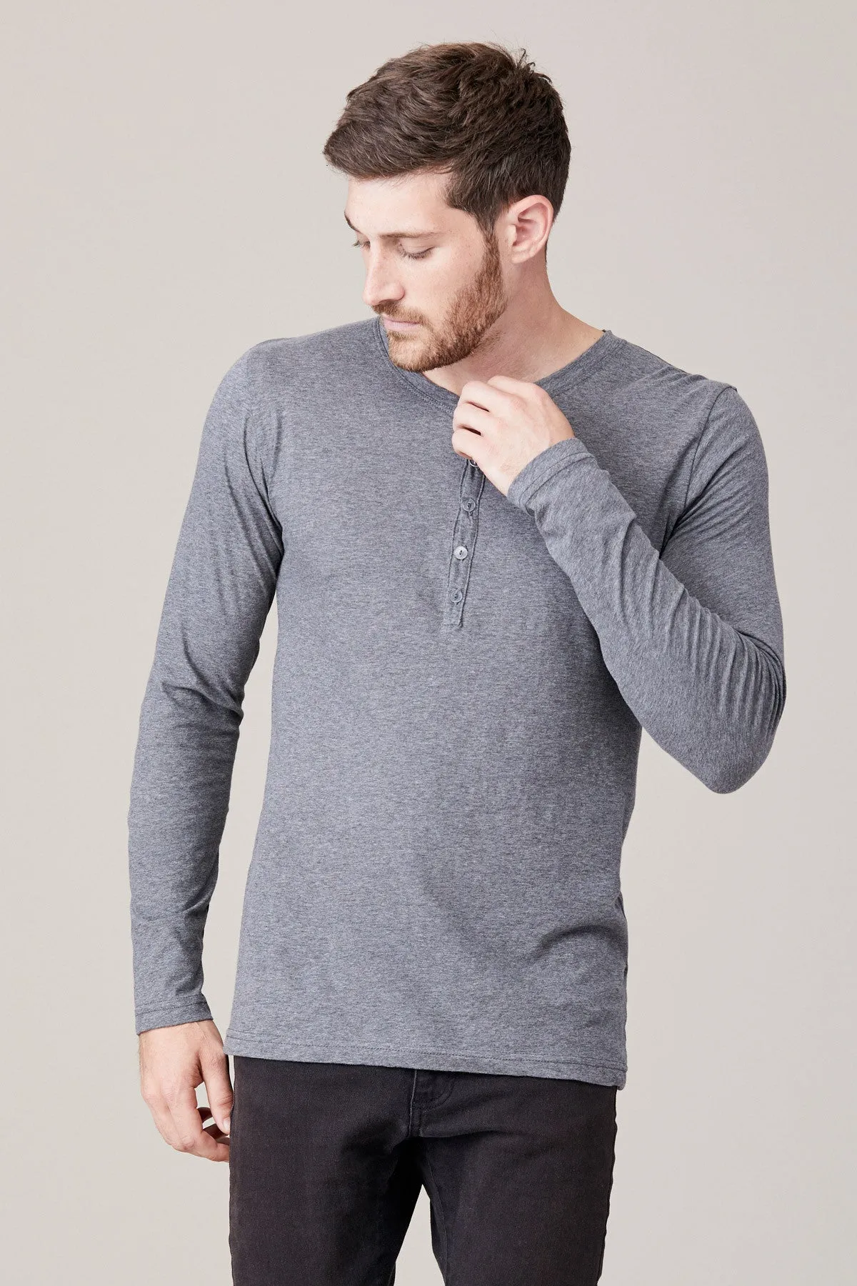 Men's Long Sleeve Button Henley - Heather Grey