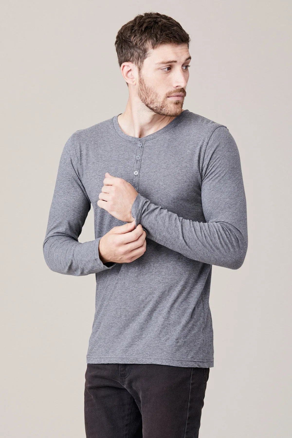 Men's Long Sleeve Button Henley - Heather Grey