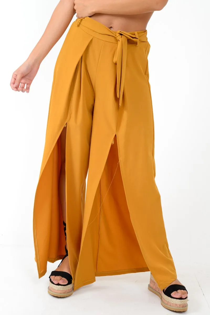 Mustard Wide Leg Belted Split Front Trousers - Aamira