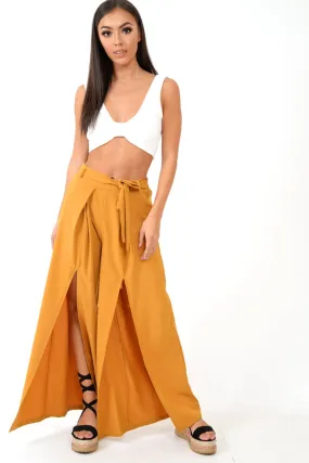 Mustard Wide Leg Belted Split Front Trousers - Aamira