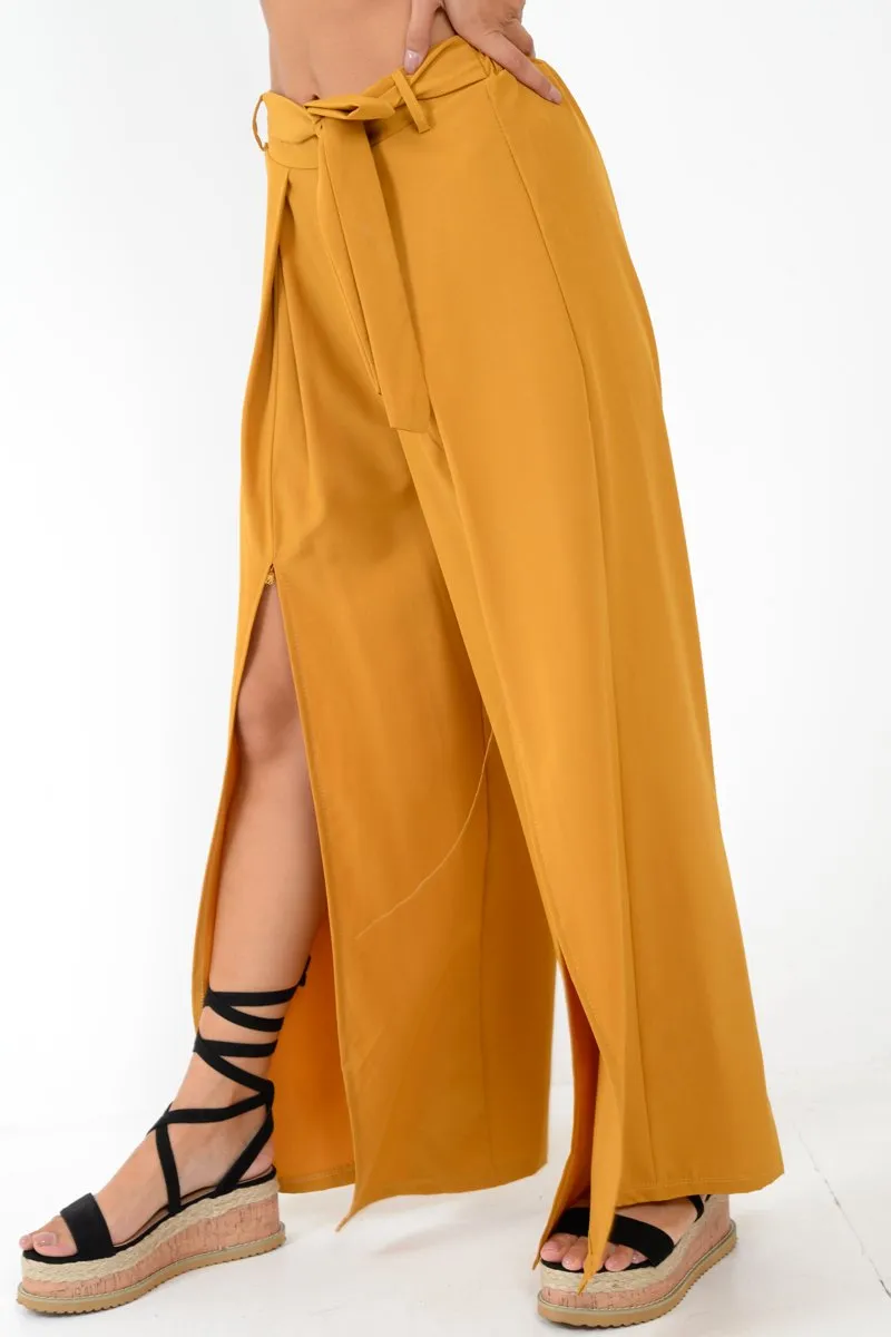 Mustard Wide Leg Belted Split Front Trousers - Aamira