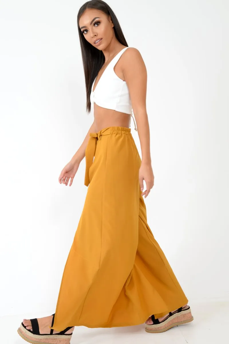 Mustard Wide Leg Belted Split Front Trousers - Aamira