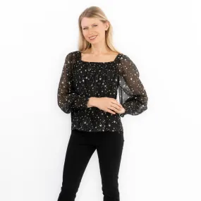 Next Black Silver Chiffon Star Foil Print Occasion Party Puff Sleeve Tops