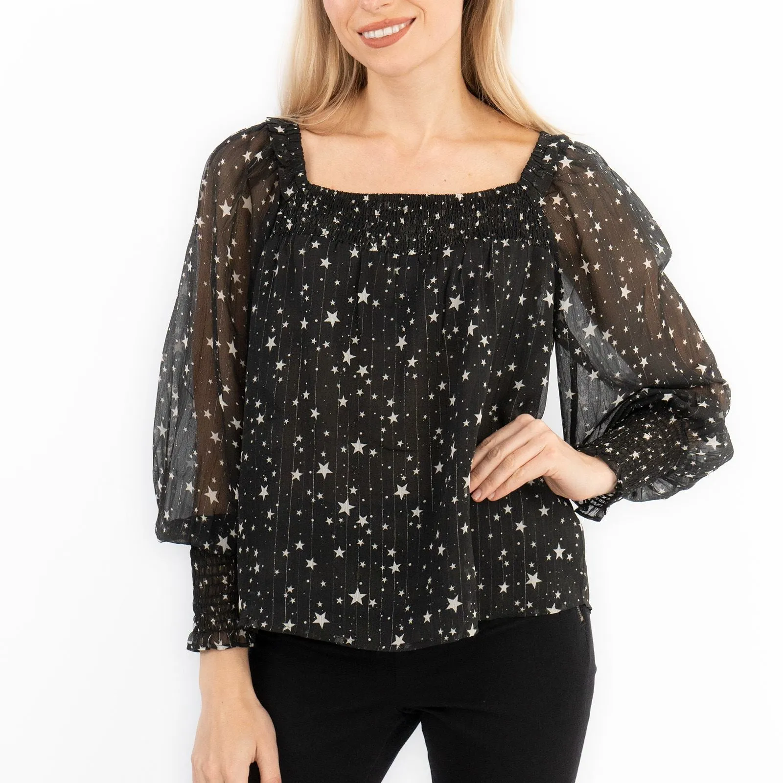 Next Black Silver Chiffon Star Foil Print Occasion Party Puff Sleeve Tops