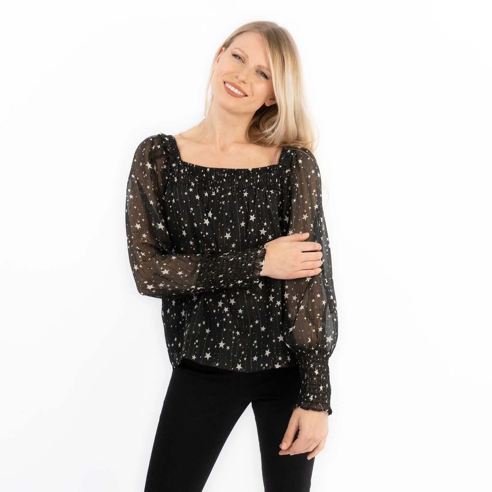 Next Black Silver Chiffon Star Foil Print Occasion Party Puff Sleeve Tops