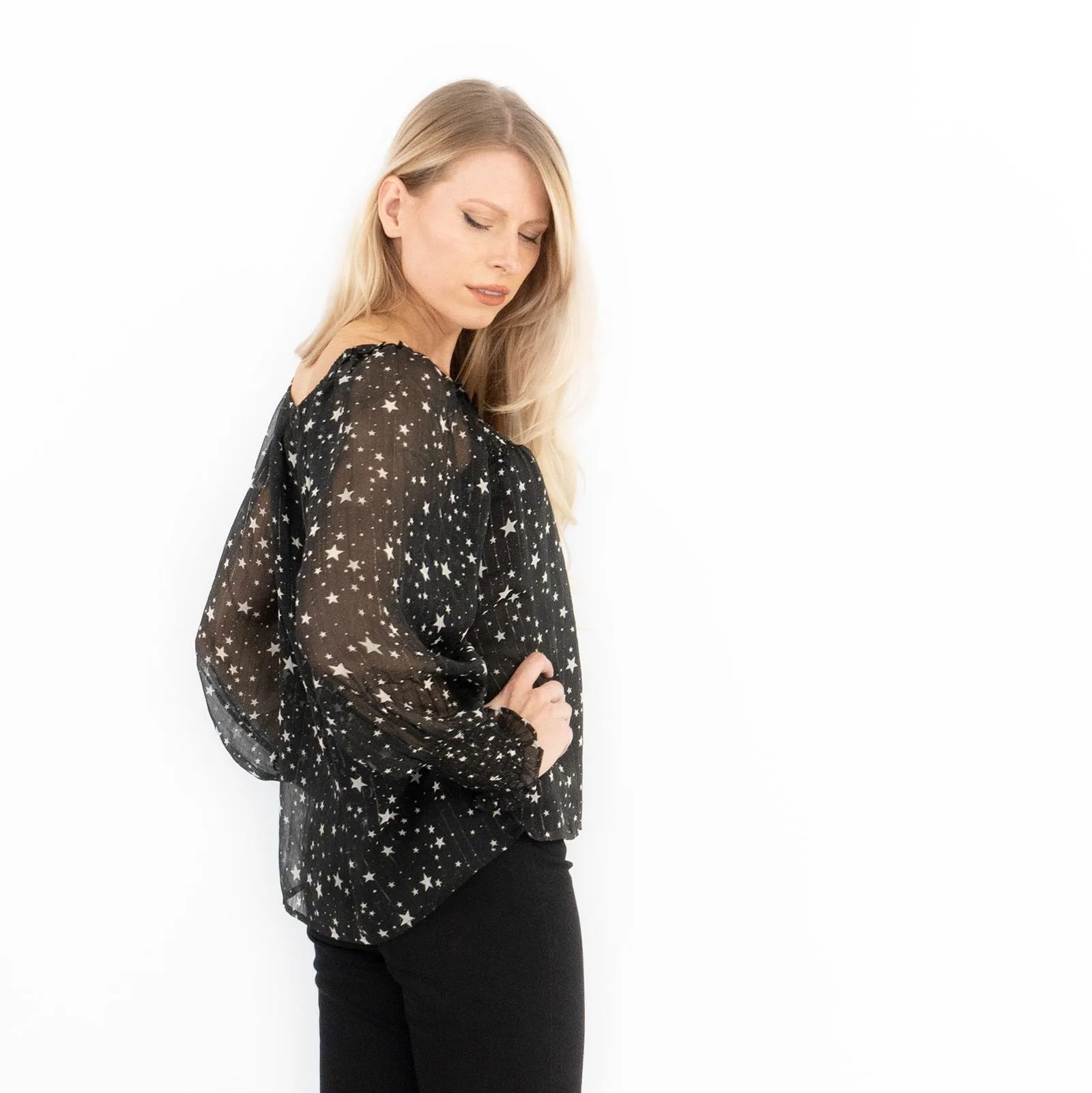 Next Black Silver Chiffon Star Foil Print Occasion Party Puff Sleeve Tops