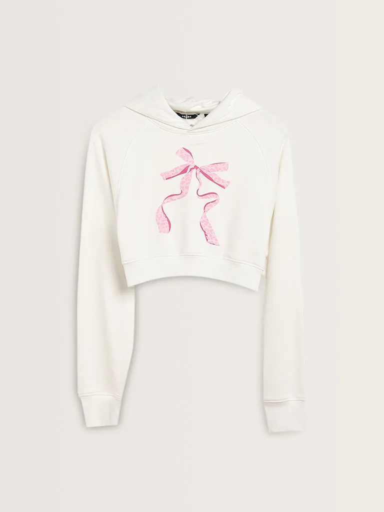 Nuon White Bow Printed Cotton Blend Sweatshirt