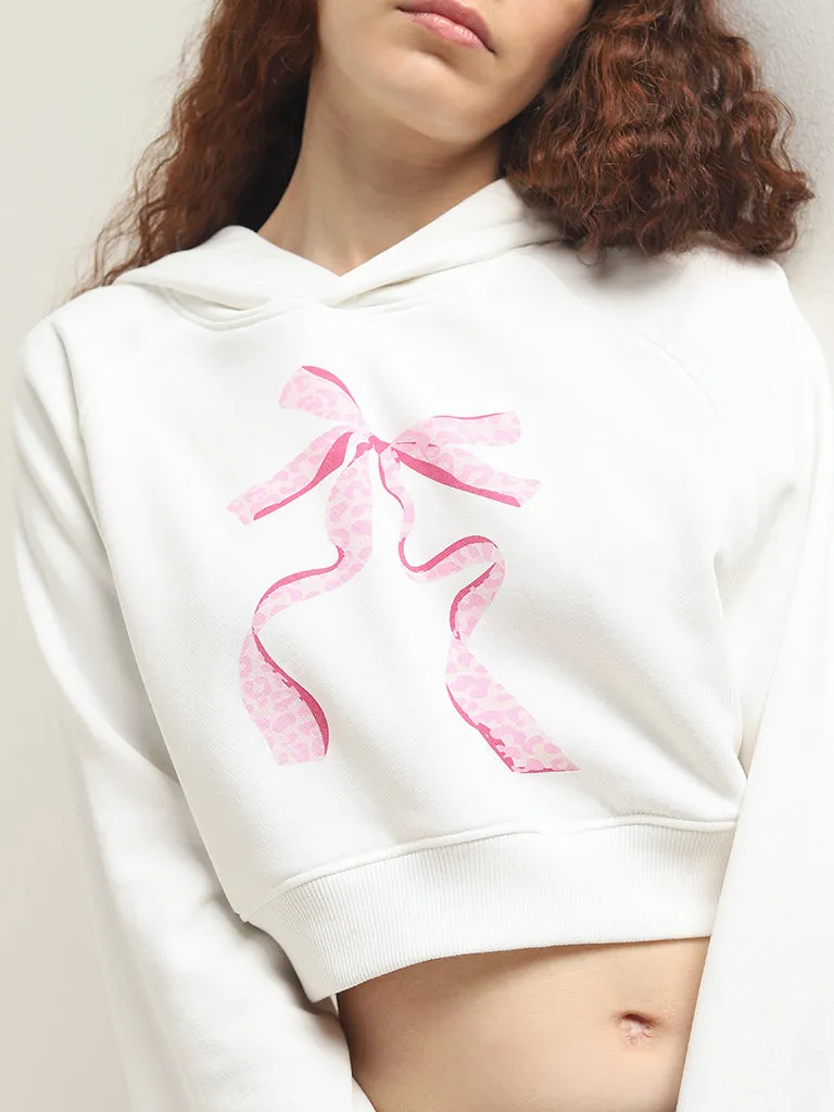 Nuon White Bow Printed Cotton Blend Sweatshirt