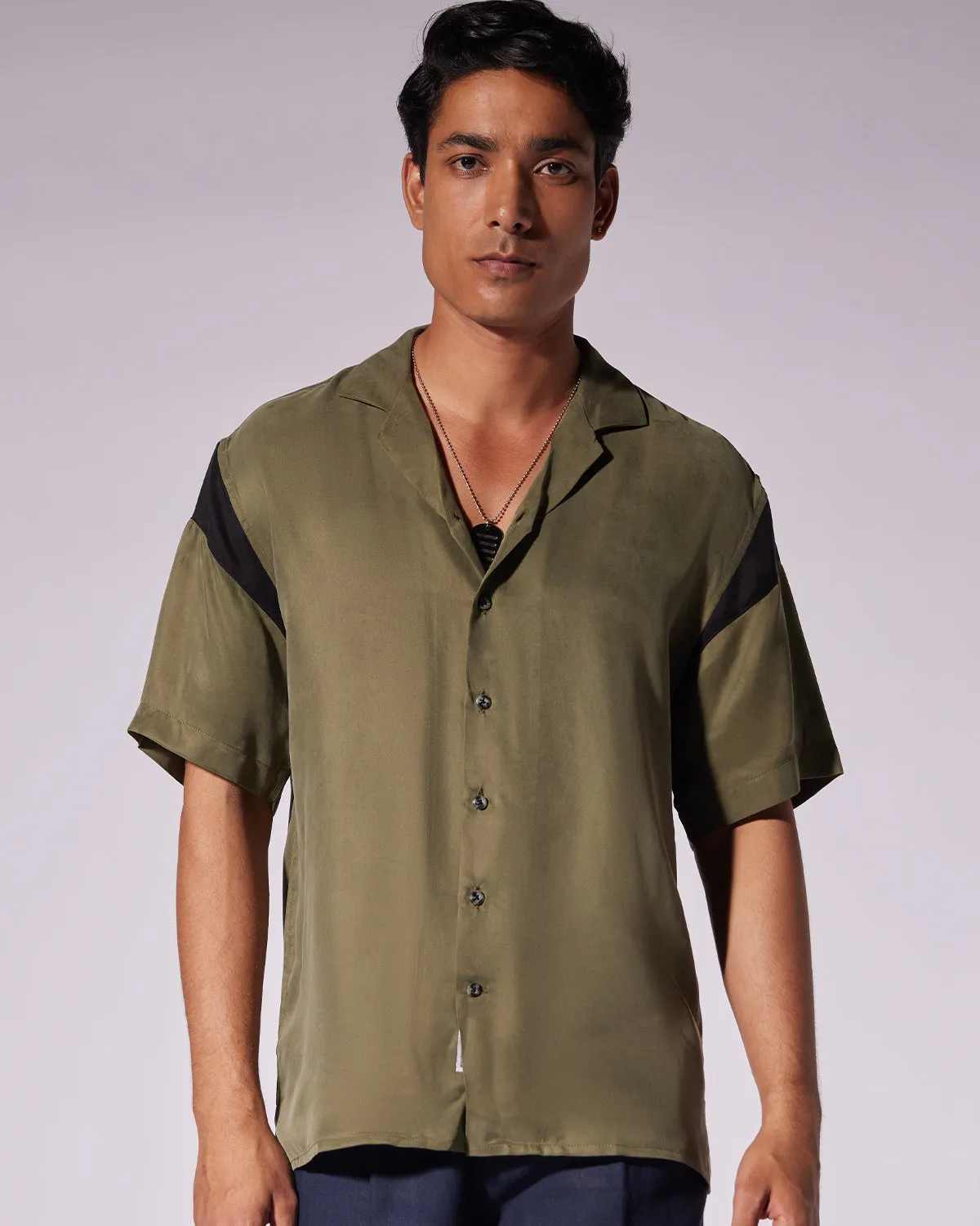 Olive Half-Sleeve Cupro Shirt