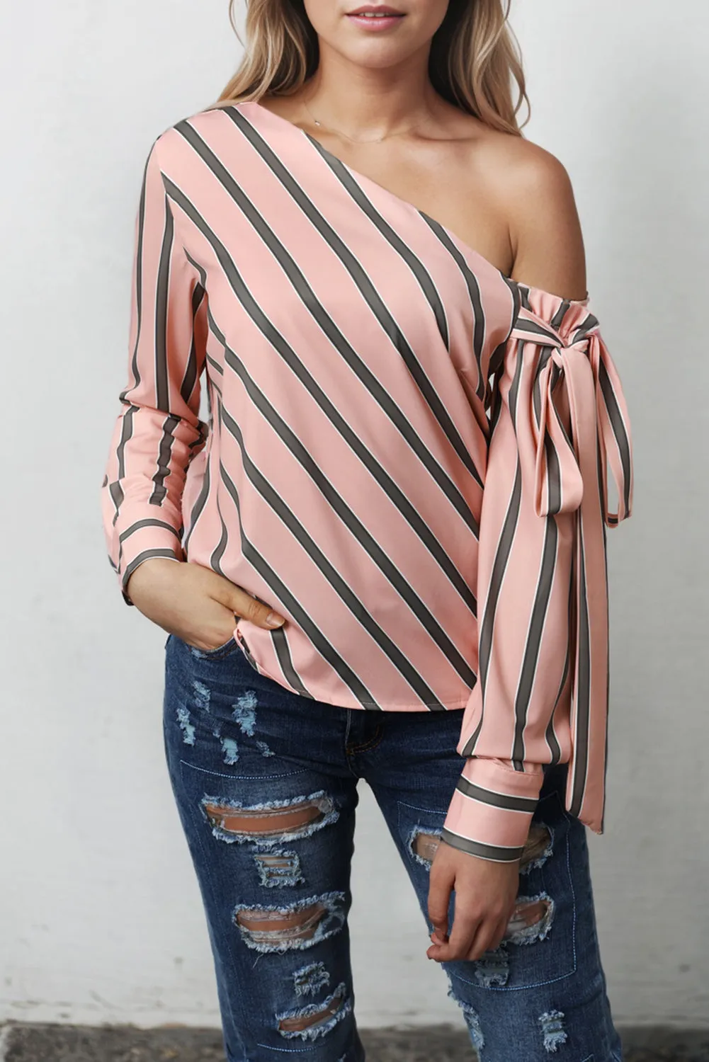 Pink Striped Asymmetric Tied Shoulder Blouse