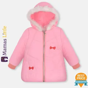 Red Bow Bear Pink Fur Inner Thick Hooded Puffer Jacket 12355