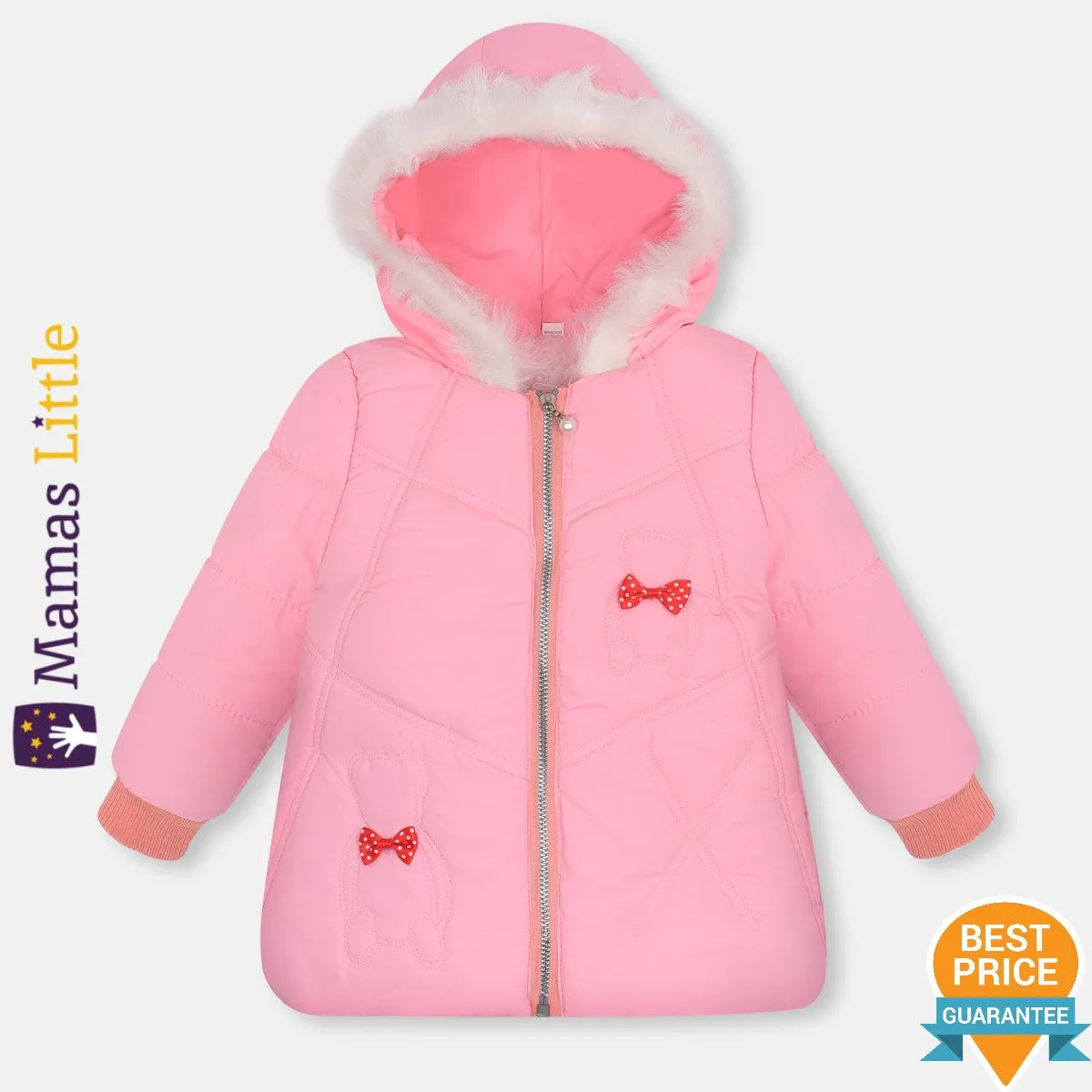 Red Bow Bear Pink Fur Inner Thick Hooded Puffer Jacket 12355