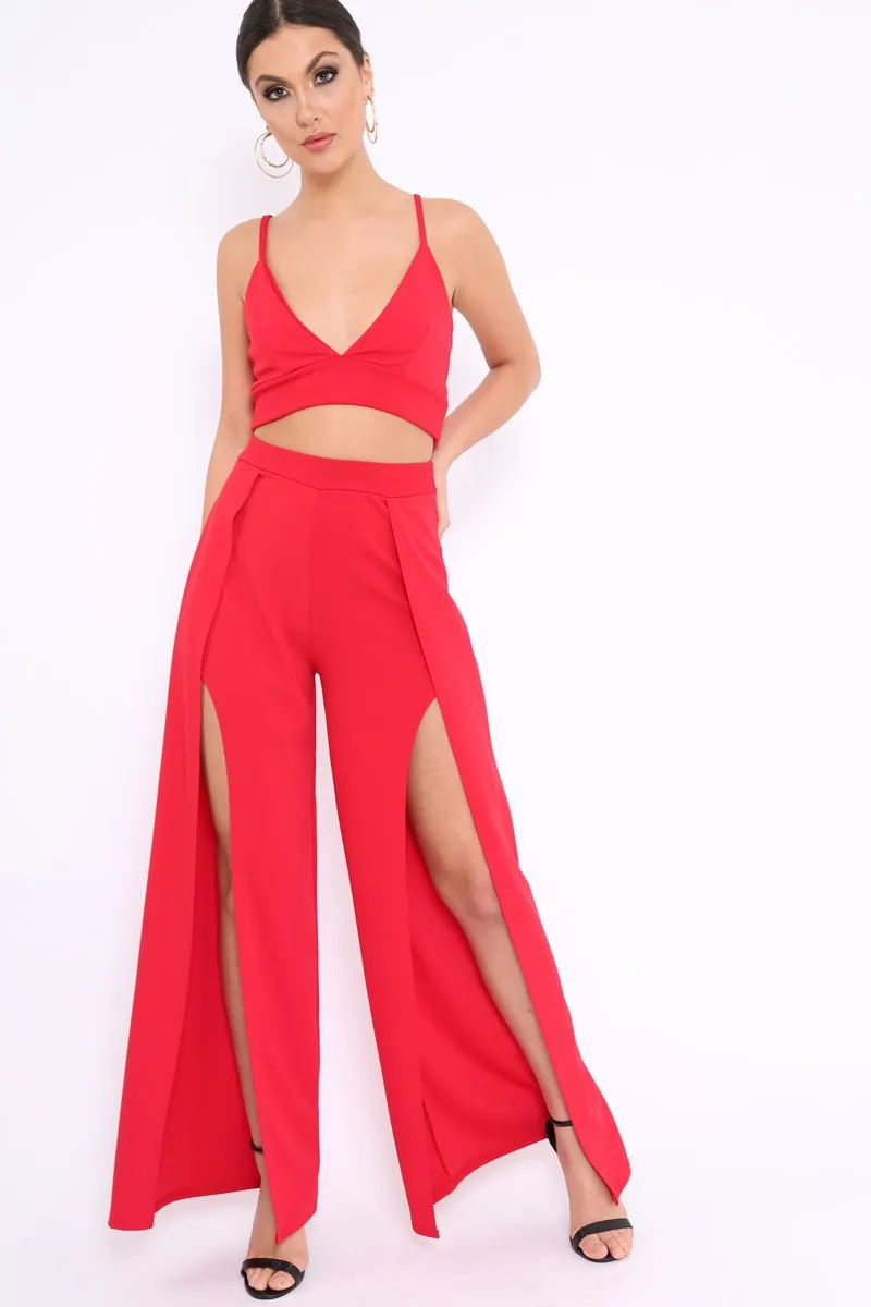 Red Bralet and Split Front Wide Trousers Co-ord - Alesana