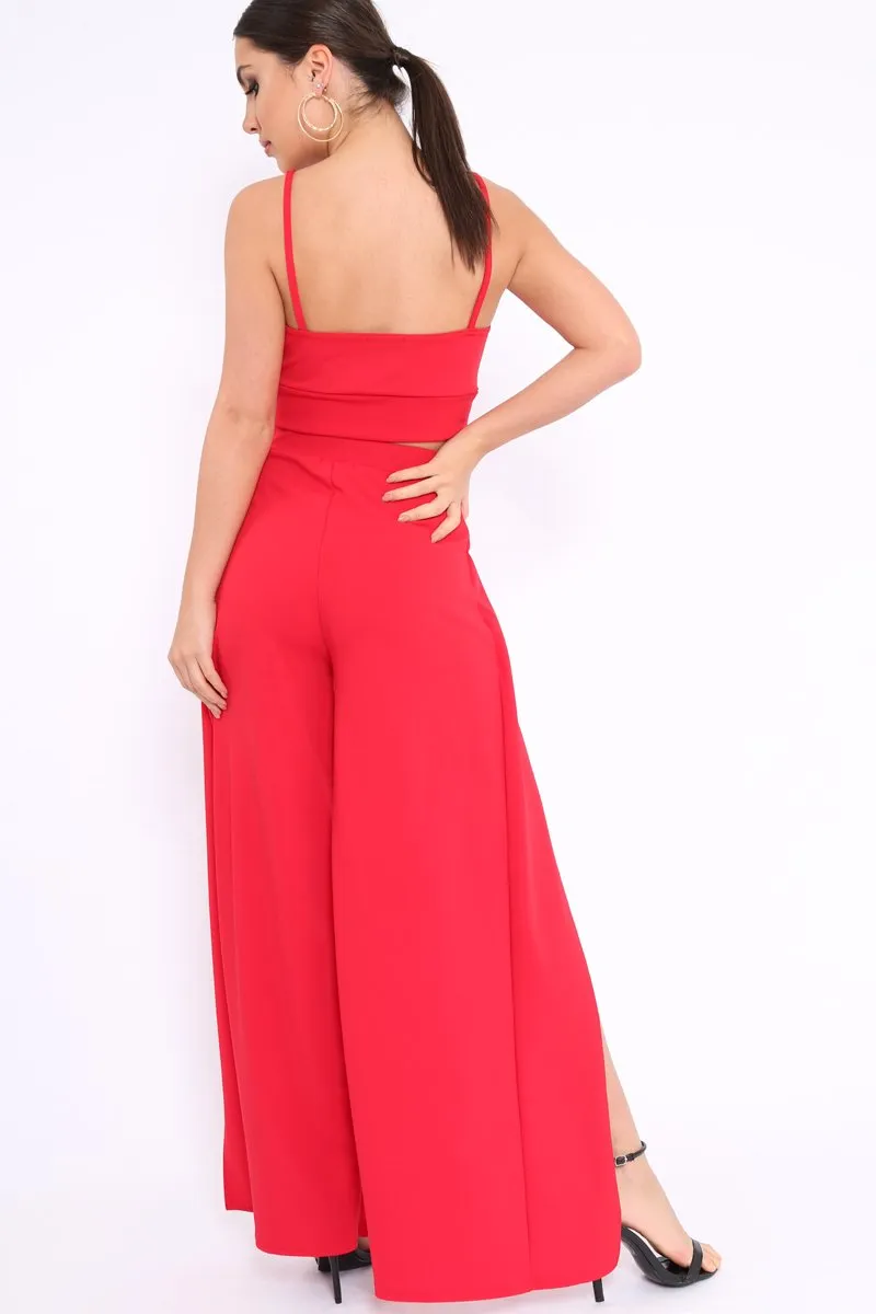 Red Bralet and Split Front Wide Trousers Co-ord - Alesana