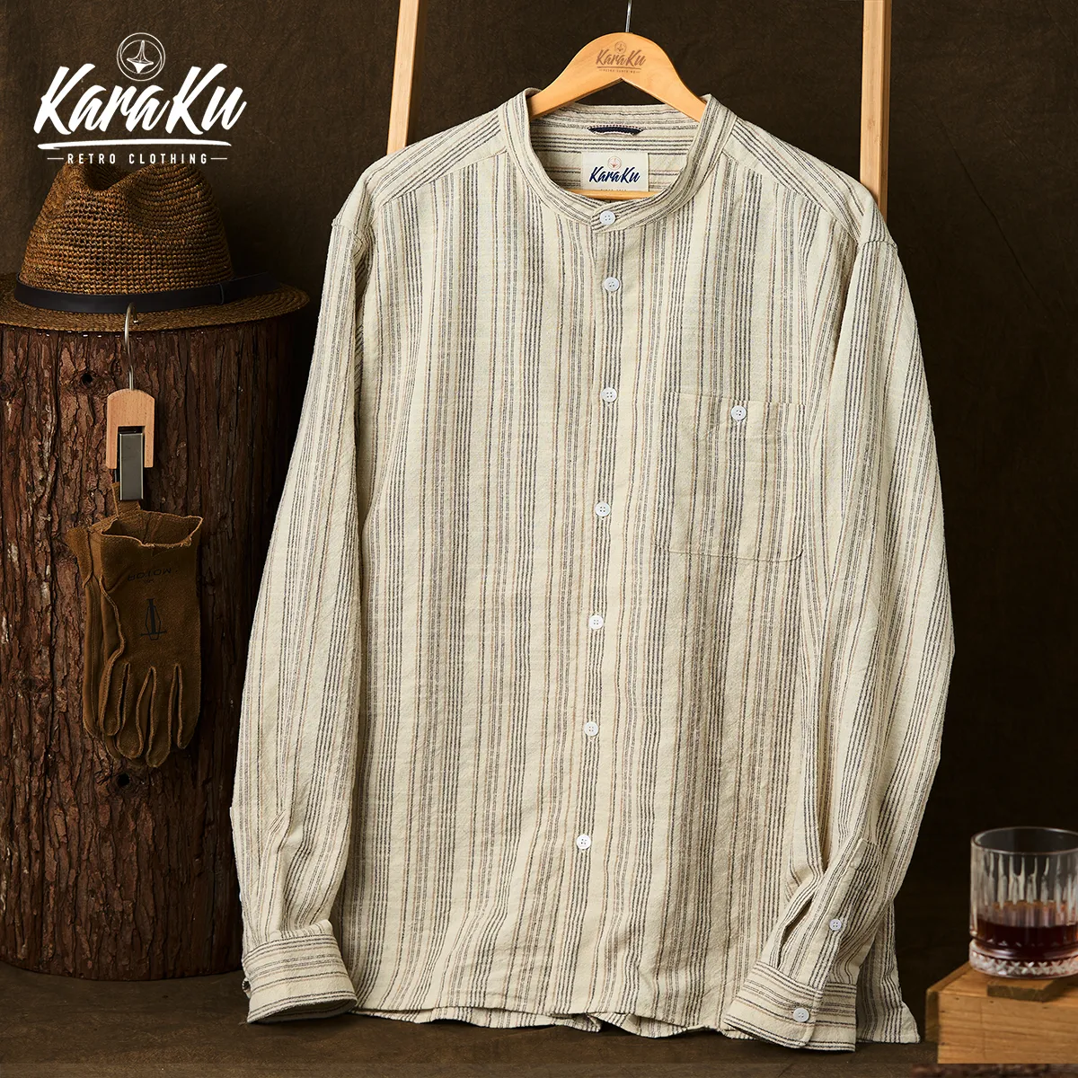 Stripe Jacquard Cotton Mandarin Collar Shirt