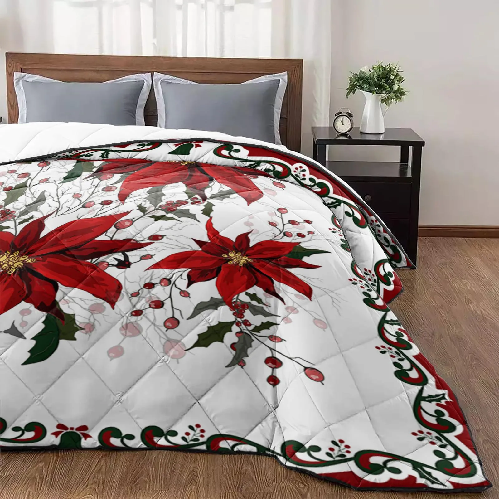 T&H XHome Quilt Full Size Luxury Quilted Comforter Bedspread-Thin Soft Cozy, Christmas Flower Poinsettia Red Floral Border Reversible Stitched Lightweight Quilt Coverlet for All Season