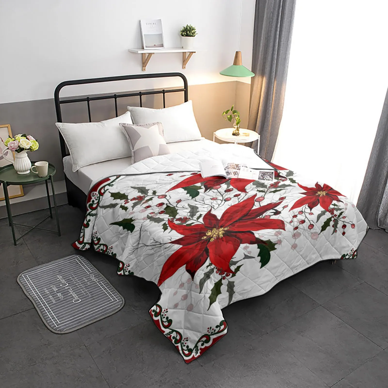 T&H XHome Quilt Full Size Luxury Quilted Comforter Bedspread-Thin Soft Cozy, Christmas Flower Poinsettia Red Floral Border Reversible Stitched Lightweight Quilt Coverlet for All Season