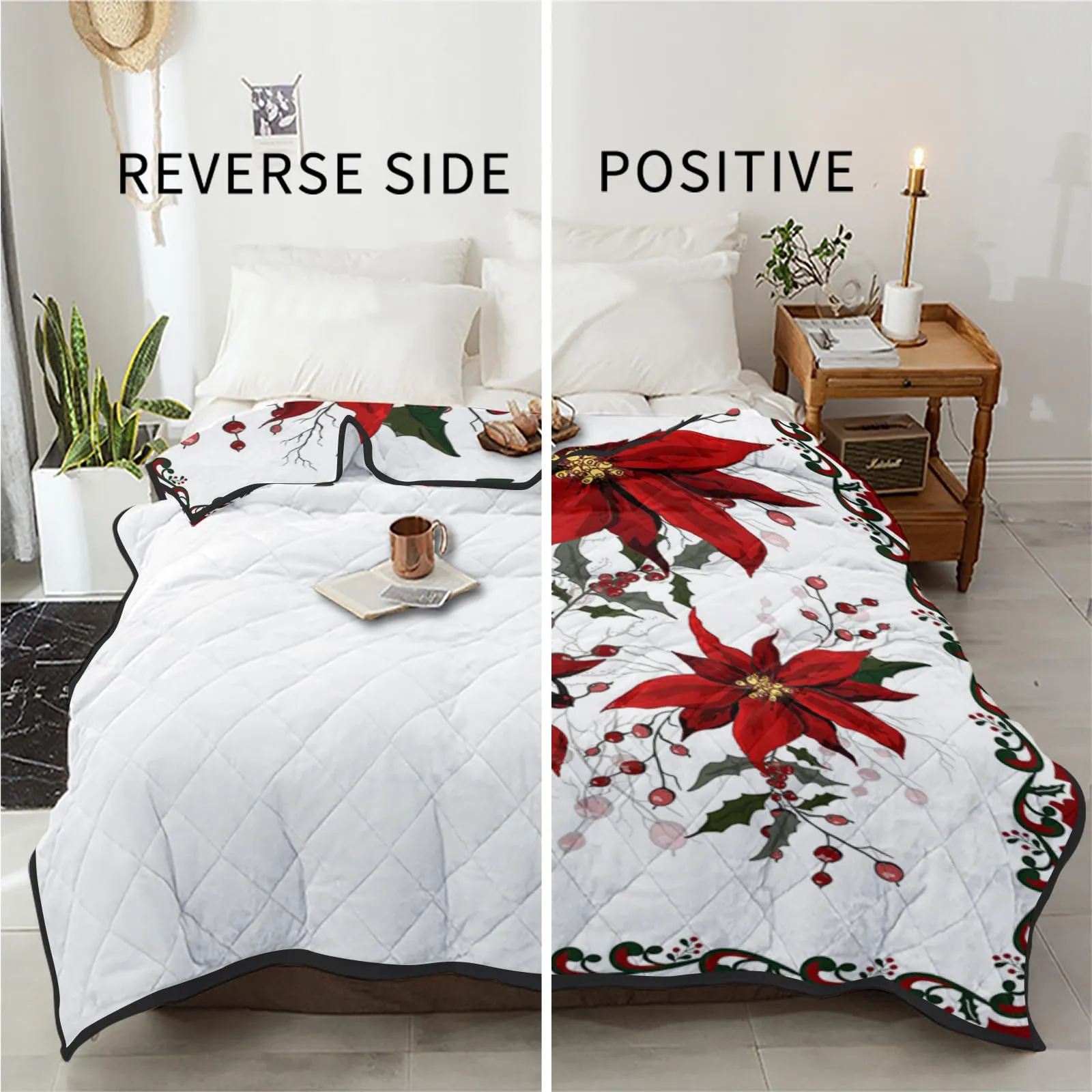 T&H XHome Quilt Full Size Luxury Quilted Comforter Bedspread-Thin Soft Cozy, Christmas Flower Poinsettia Red Floral Border Reversible Stitched Lightweight Quilt Coverlet for All Season