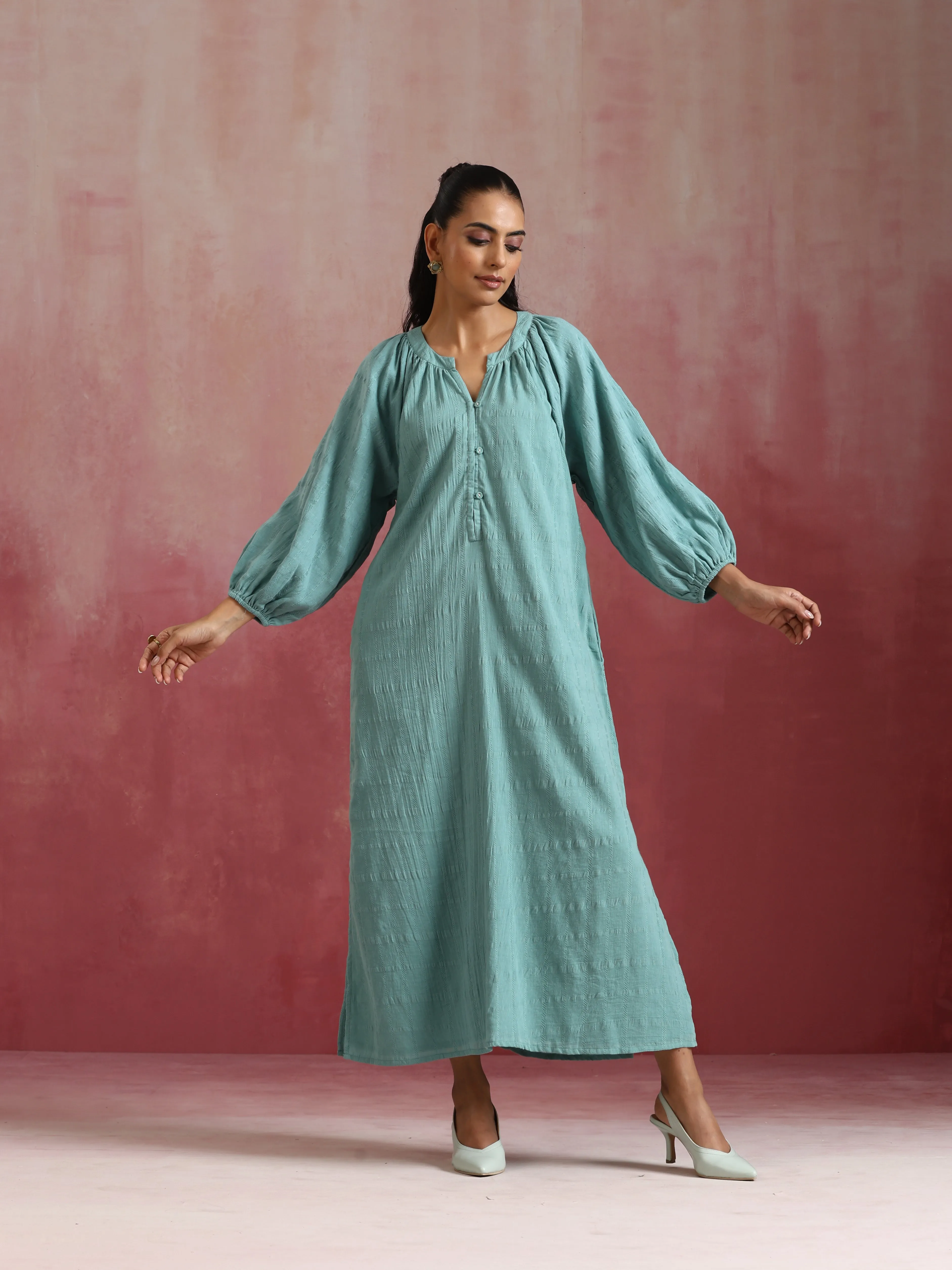 trueBrowns Aqua Blue Cotton Dobby Dress