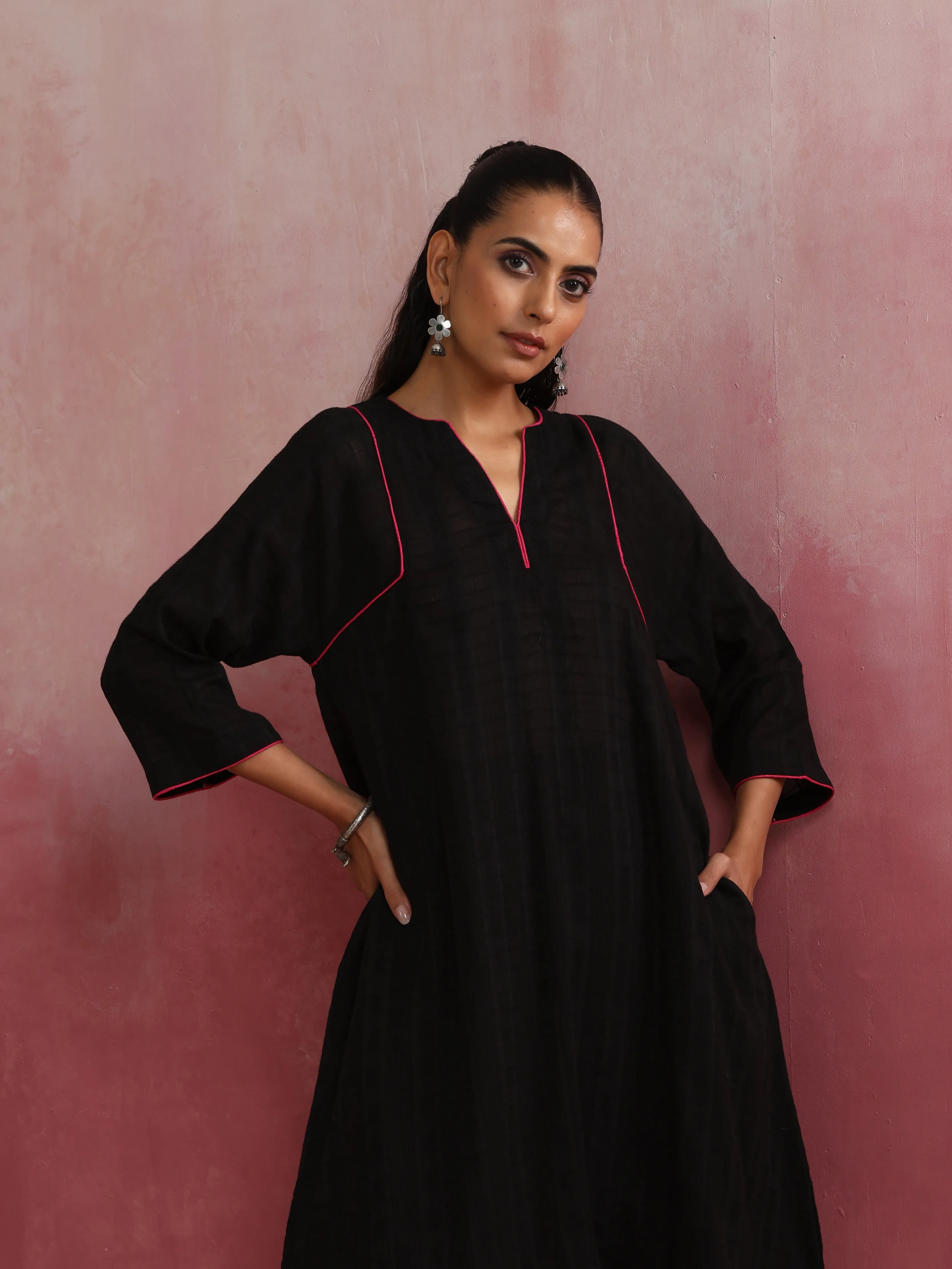 trueBrowns Black Cotton Dobby Kurta Co-ord set