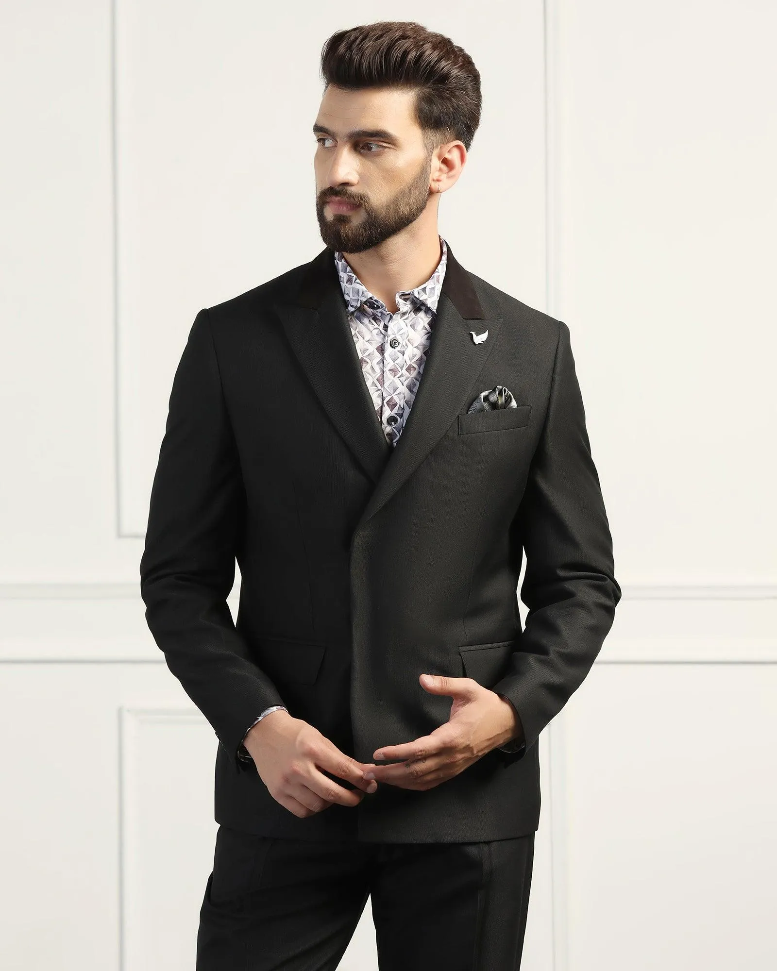 Two Piece Black Textured Formal Suit - Trizer