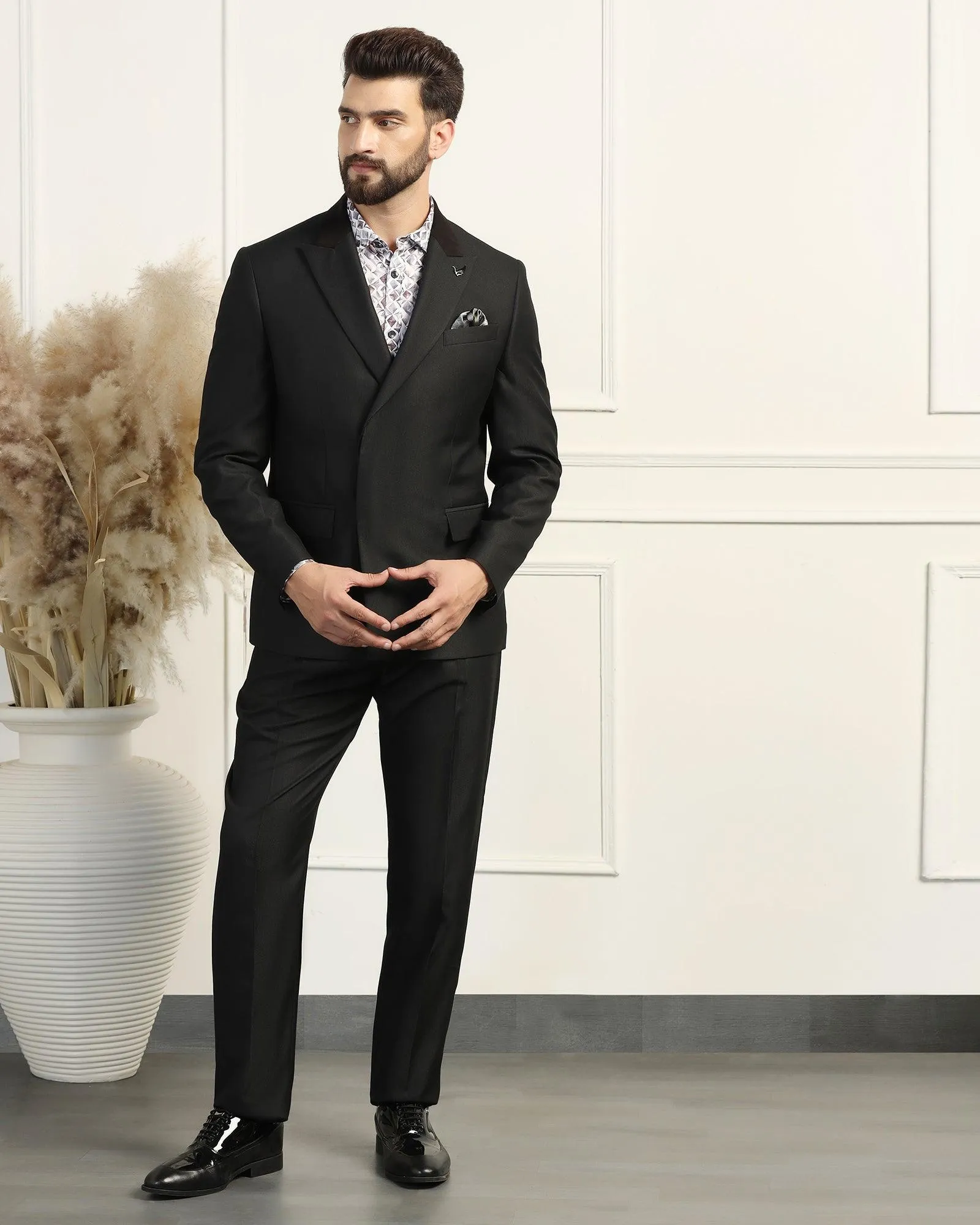 Two Piece Black Textured Formal Suit - Trizer