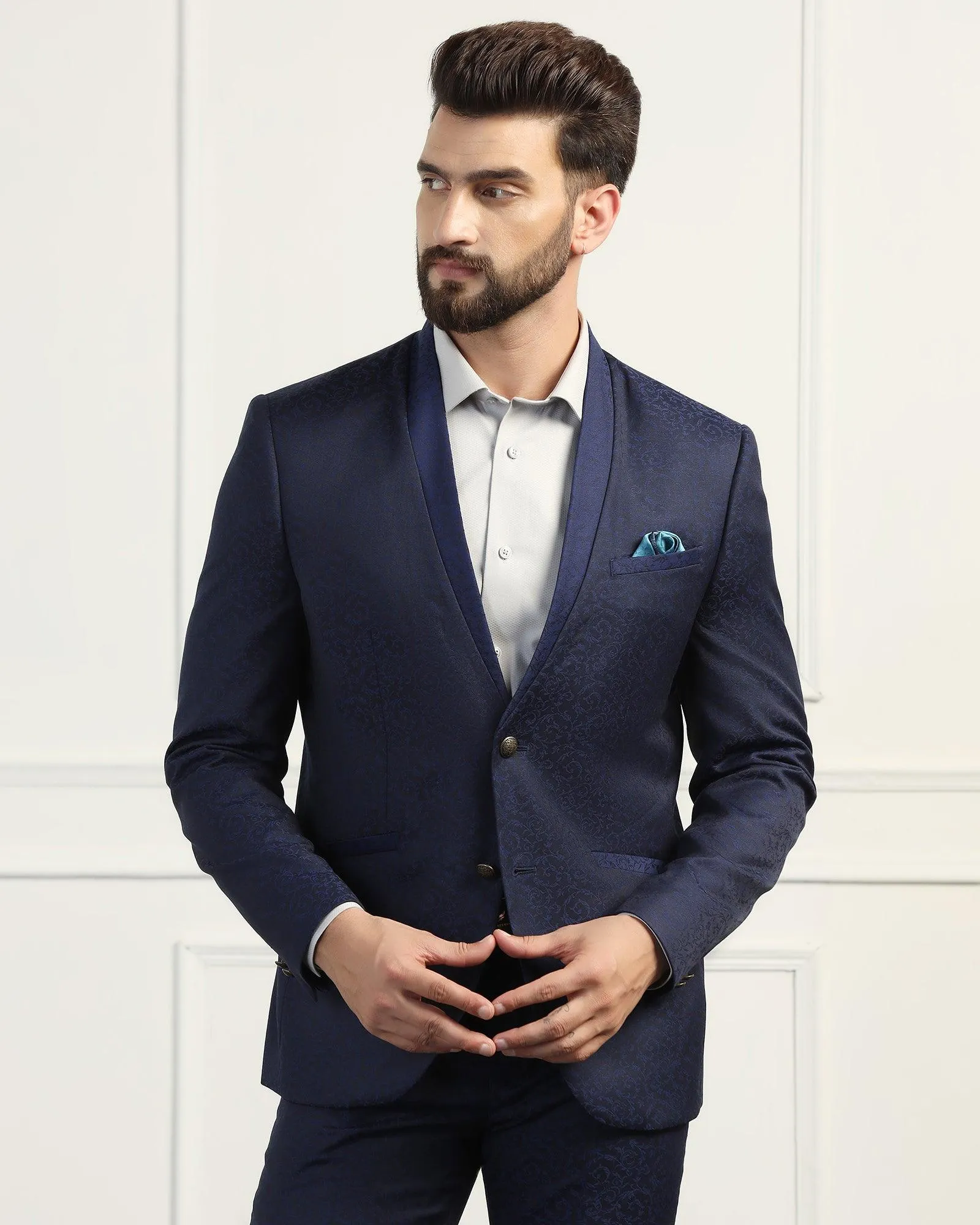 Two Piece Navy Printed Formal Suit - Zypher