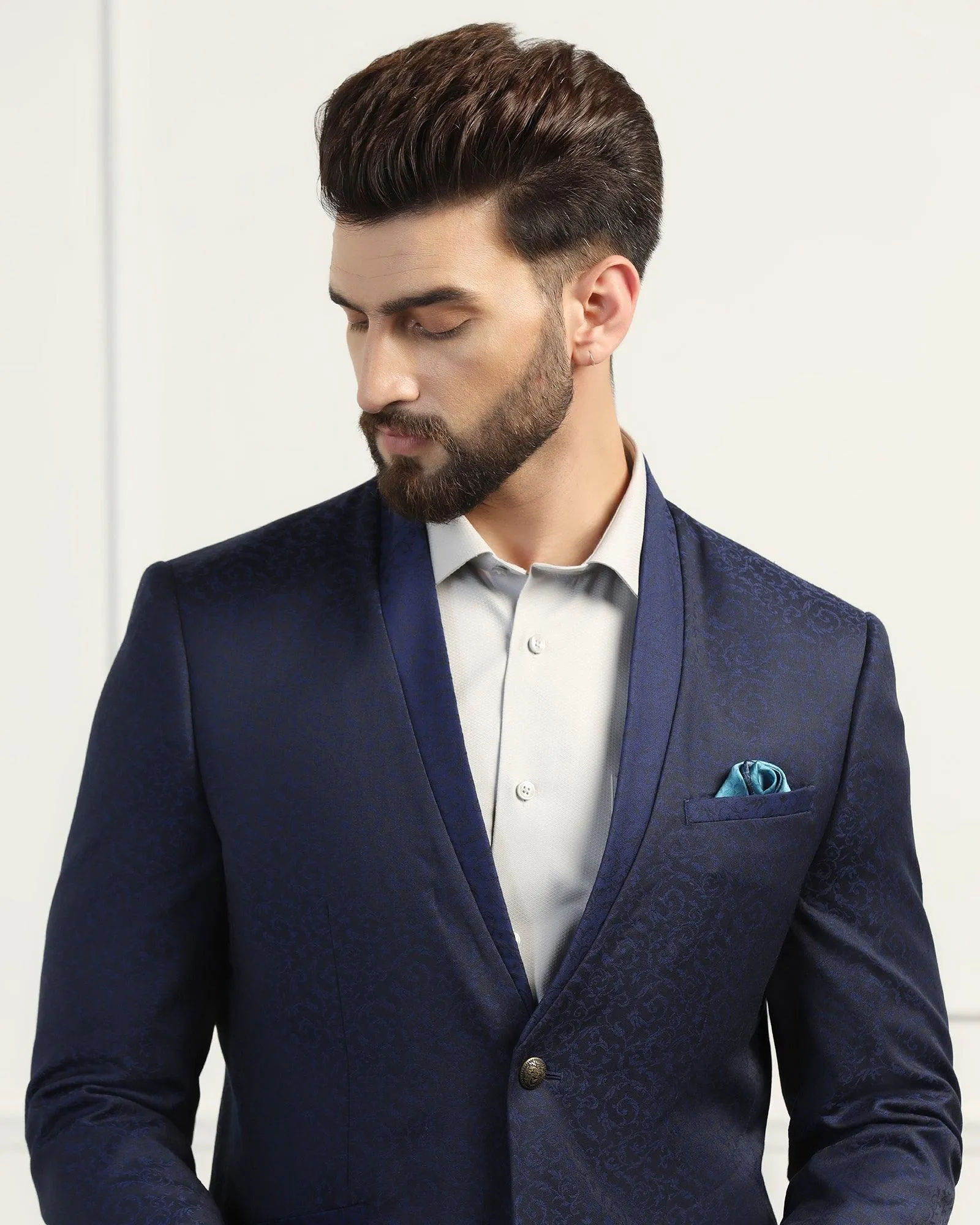 Two Piece Navy Printed Formal Suit - Zypher