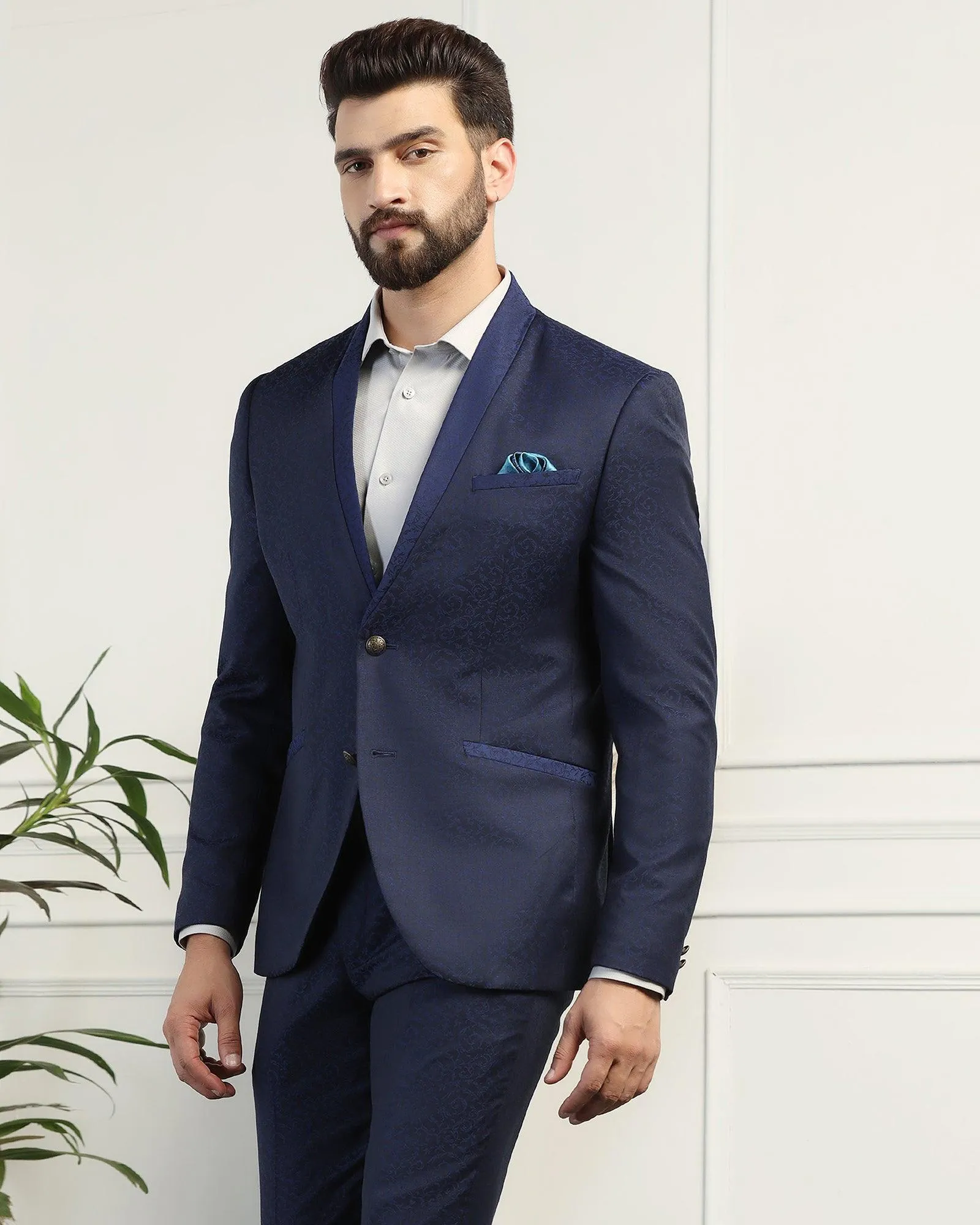 Two Piece Navy Printed Formal Suit - Zypher