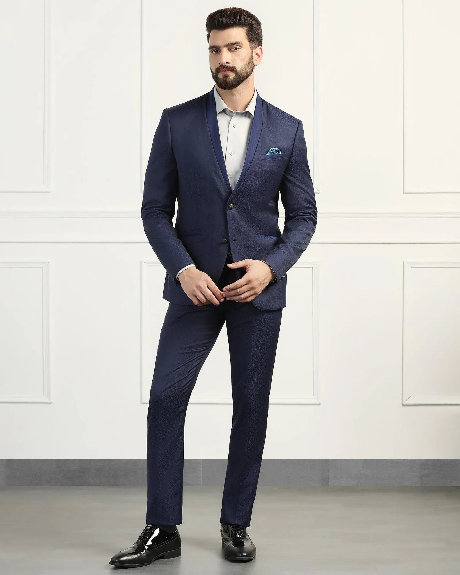 Two Piece Navy Printed Formal Suit - Zypher