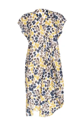 Vee Neck Seamed Drape Dress - Mustard/Ink Print 9745