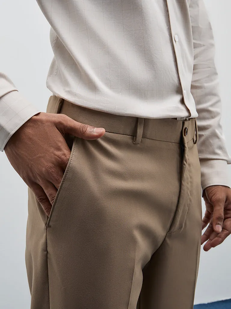 WES Formals Taupe Solid Slim-Fit Mid-Rise Trousers