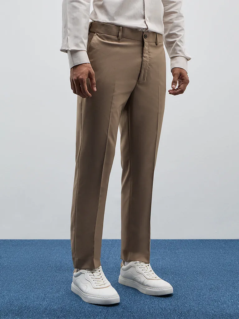 WES Formals Taupe Solid Slim-Fit Mid-Rise Trousers