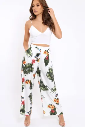 White Tropical Print Wide Leg Trousers - Yasmine